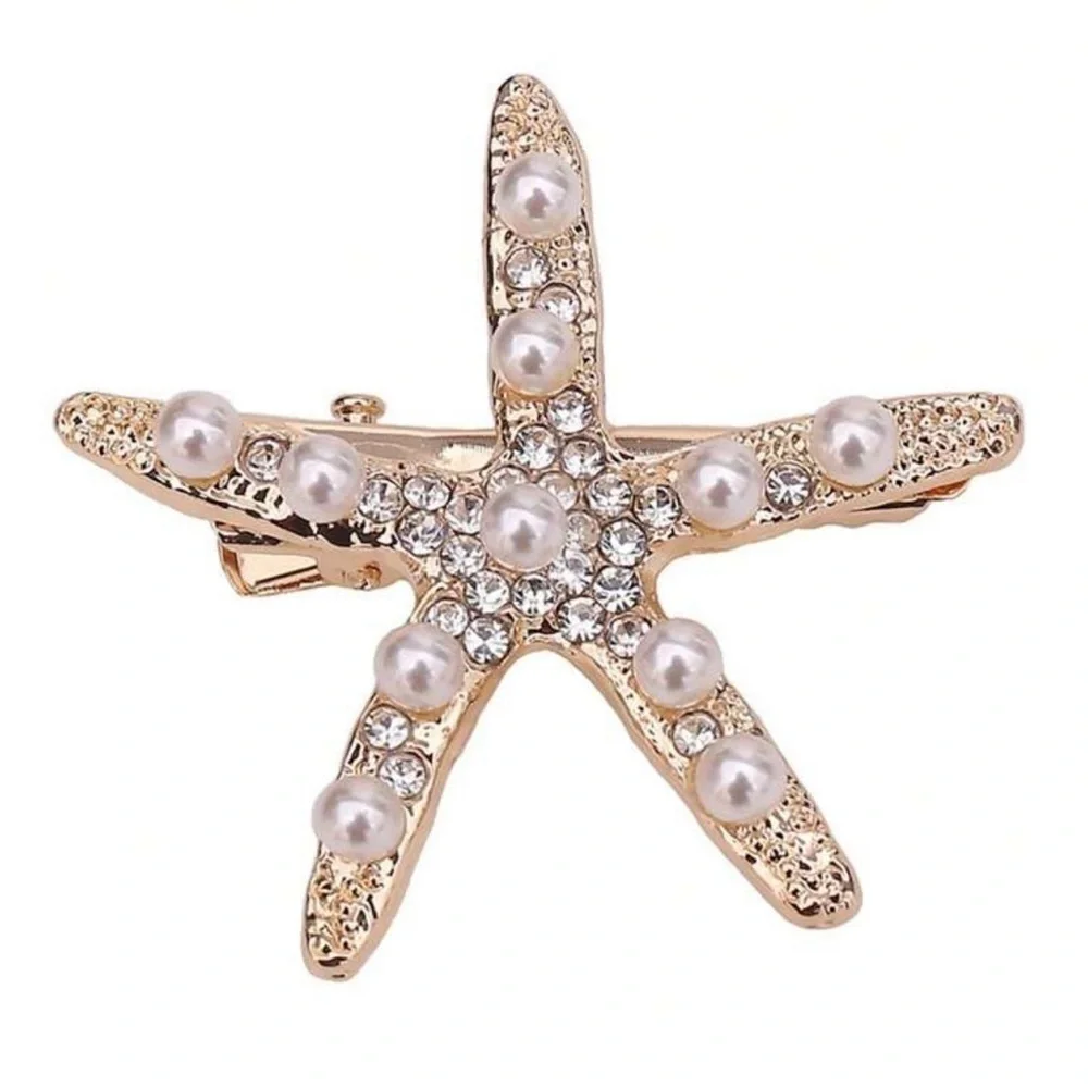 New 3pcs Starfish Gold White Pearl & Rhinestone 1.5